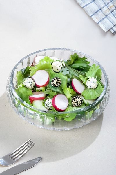 Kitchen Life Handmade Striped Large Size Glass Salad Bowl 24 cm