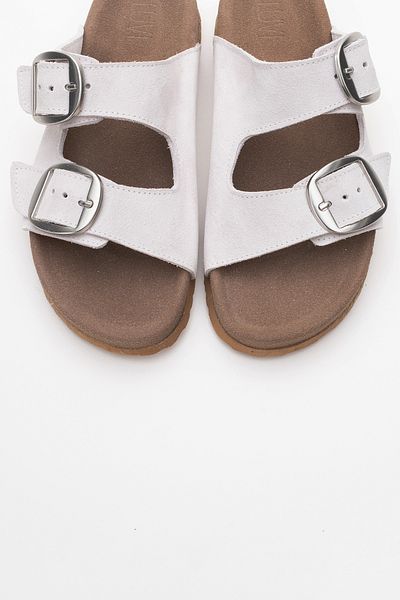 LuviShoes Ovesta White Suede Genuine Leather Double-Strapped Women's Slippers