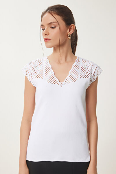 Happiness İstanbul Ecru durchbrochene Sommer-Strickbluse für Damen WA00001