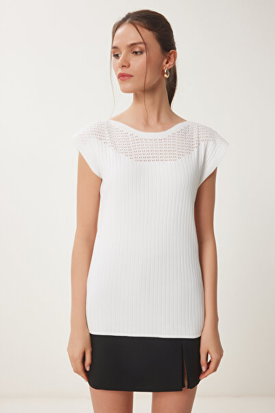 Happiness İstanbul Ecru durchbrochene Sommer-Strickbluse für Damen WA00002