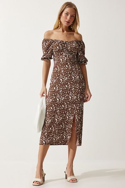 Happiness İstanbul Damen-Sommerkleid aus Viskose mit elastischem Carmen-Kragen in Braun und Weiß MC00297