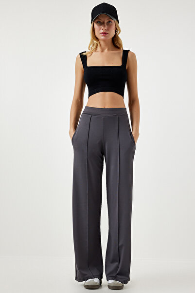 Happiness İstanbul Women's Anthracite High Waist Scuba Palazzo Pants Bf00104