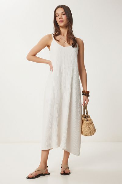 Happiness İstanbul Women's Stone Strap Summer Linen Dress - Tu00036
