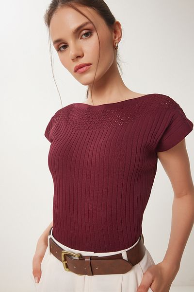Happiness İstanbul Durchbrochene Sommer-Strickbluse für Damen in Burgunderrot WA00002