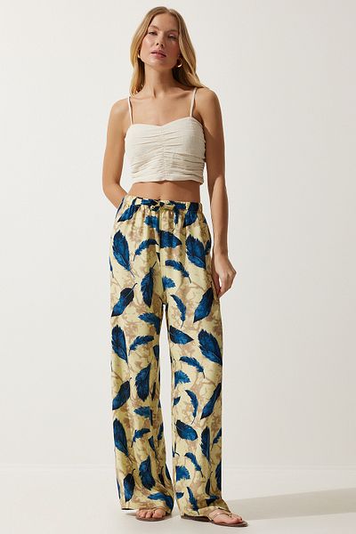 Happiness İstanbul Women's Yellow Navy Blue High Waist Summer Loose Viscose Trousers Bh00424