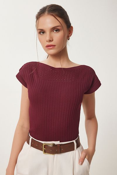 Happiness İstanbul Durchbrochene Sommer-Strickbluse für Damen in Burgunderrot WA00002