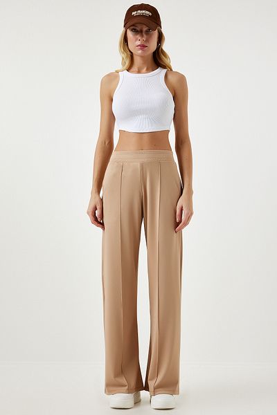 Happiness İstanbul Dunkelbeige Scuba Palazzo-Hose mit hoher Taille für Damen BF00104