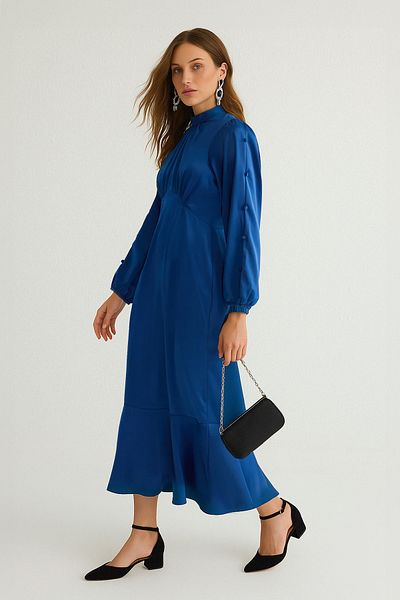 Trendyol Modest Modré volánky sukně saténové tkané večerní šaty Tctss25Db00007
