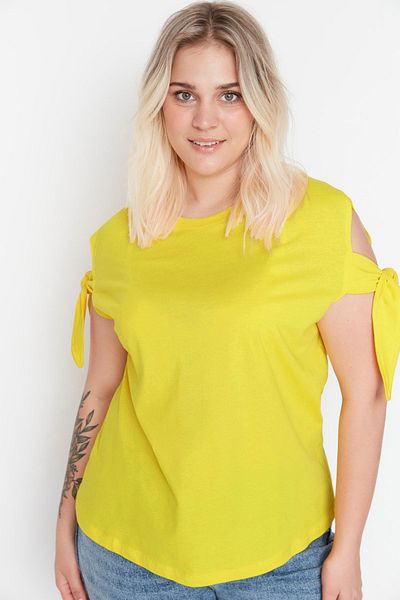 Trendyol Curve 100% pamut sárga kötött póló - ujjak nyakkendővel TBBSS22BF0003