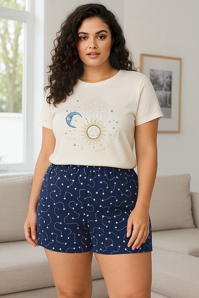 Trendyol Curve Sötétkék Galaxy mintás kötött pizsama szett TBBSS25AI00106