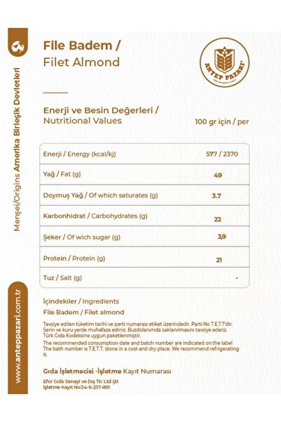 Antep Pazarı File Badem  - 500 Gr.