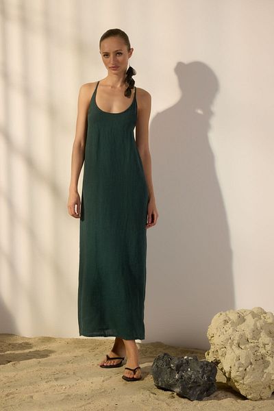Trendyol Collection Βενζινοπράσινο 100% λινό μάξι φόρεμα με λεπτομέρεια στην πλάτη TWOSS24EL00668