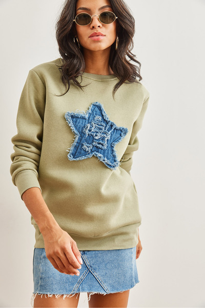 Olalook Kadın Haki Denim Kalp Garnili Şardonlu Kalın Sweatshirt SWT-19000691