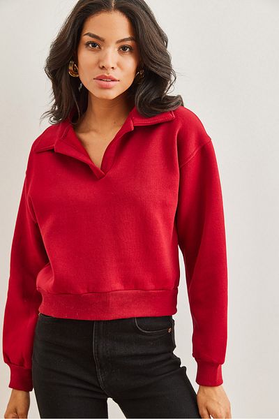 Olalook Hanorac de damă cu decolteu polo roșu Claret - SWT- 19000684