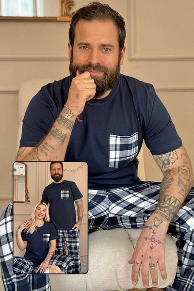 Pijamaevi Navy Blue Pocket Λεπτομερές κοντό μανίκι Dear Family Pajamas - Ανδρικό Σετ