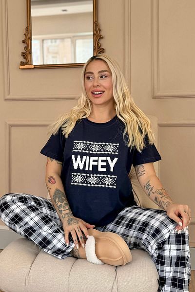Pijamaevi Námořnická modrá Wifey Dámská souprava s krátkým rukávem Milé rodinné pyžamo