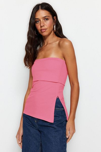 Trendyol Collection Ροζ στράπλες λαιμόκοψη με φερμουάρ κρεπ πλεκτή μπλούζα TWOSS23BZ00928