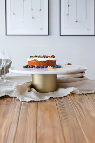 Akayev Marble 25 Cm White Round Presentation Plate with Metal Legs