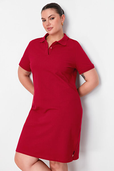 Trendyol Curve Claret Red Polo Collar Mini Knitted Dress TBBSS24AH00164