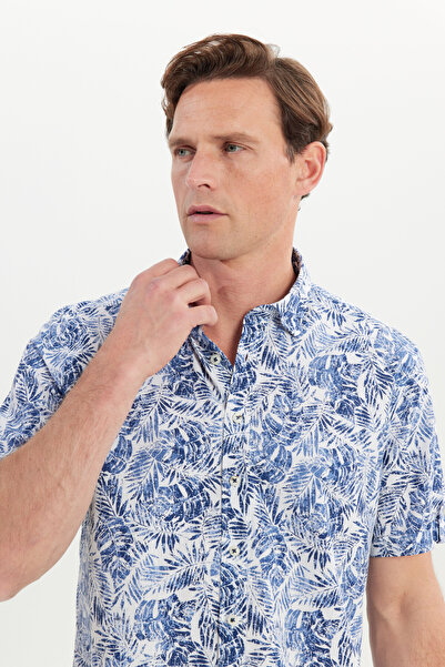 ALTINYILDIZ CLASSICS Cămașă pentru bărbați slim fit alb-albastru marine - 100% bumbac, nasturi ascunși, imprimate