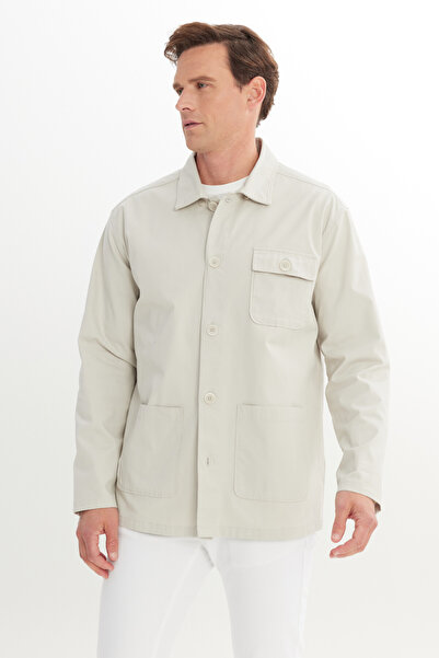 ALTINYILDIZ CLASSICS Men's Stone Comfort Fit Casual Cut Hidden Button Collar Cotton Pocket Winter Shirt Jacket