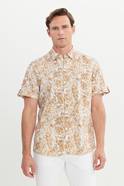 ALTINYILDIZ CLASSICS Мъжка бяло-кафява тънка риза със скрити копчета и яка от 100% памук с щампи