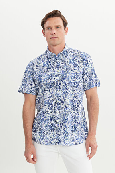 ALTINYILDIZ CLASSICS Cămașă pentru bărbați slim fit alb-albastru marine - 100% bumbac, nasturi ascunși, imprimate