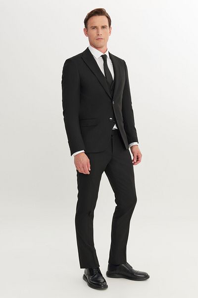 AC&Co / Altınyıldız Classics Men's Black Slim Fit Slim Fit Vest Suit Swallow Collar with Cover Pocket
