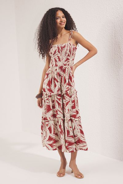 Trendyol Collection Καφέ Floral Gipeli Maxi Υφαντό Φόρεμα TWOSS25EL00713