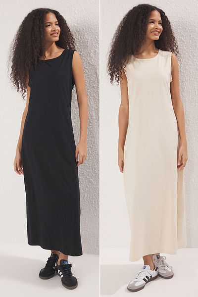 Trendyol Modest Black-Beige Unlined Plain Knitted Hijab Dress Tctss25Eb00142