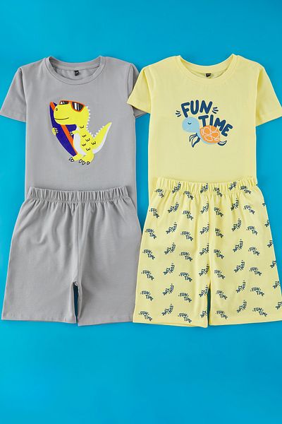 TRENDYOLKIDS Grau-Gelb 4 Stück Jungen 100% Baumwolle Tier bedruckte Pyjamas Set TKDSS25PT00018