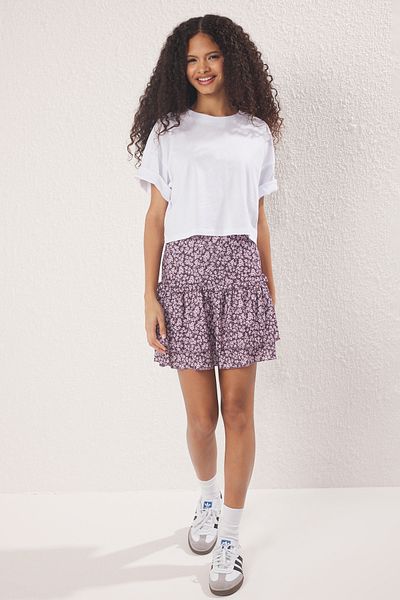 Trendyol Collection Lila Blume gedruckt Volanli Mini gestrickt Rock, TwoSss25et00152