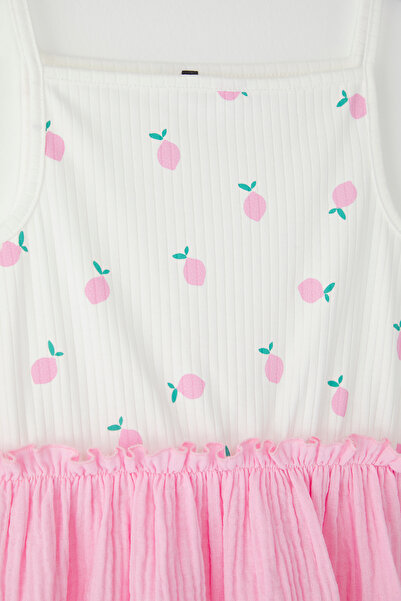 TRENDYOLKIDS Pink Girl 100% Cotton Color Block Strap Mini Knitted Dress Tkdss25El00073