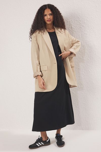 Trendyol Modest Black-Beige Unlined Plain Knitted Hijab Dress Tctss25Eb00142