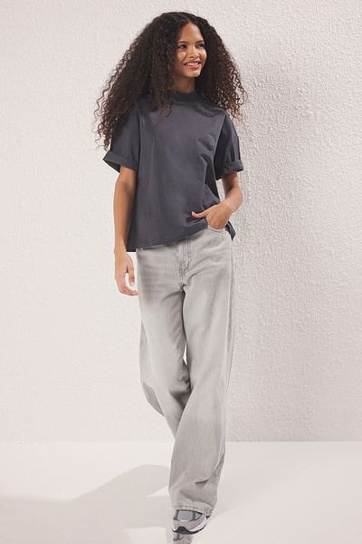 Trendyol Collection Anthracite 100% Cotton Stand Collar T-Shirt Twoss24Ts00074