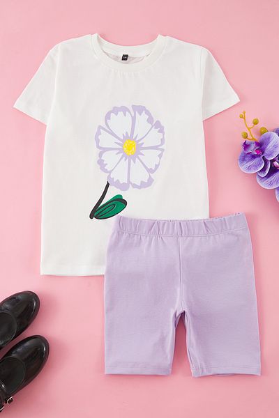 TRENDYOLKIDS Ecru Mädchen 100 % Baumwolle Blumen Kurzarm kurze Leggings gestrickte Unter-Oberteil-Set TKDSS25AU00145