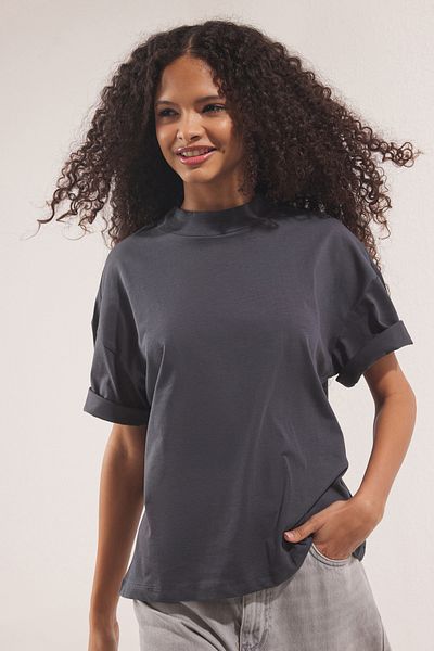 Trendyol Collection Anthracite 100% Cotton Stand Collar T-Shirt Twoss24Ts00074