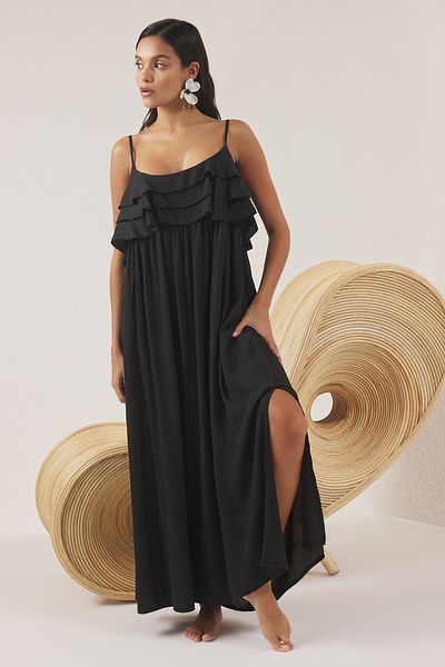 Trendyol Collection Black Woven Midi Flounces Beach Dress Tbess25El00132