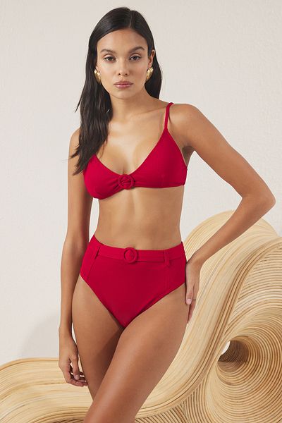 Trendyol Collection   Textured Regular Bikini with Red Triangle Accessories Tbess25Bt00131