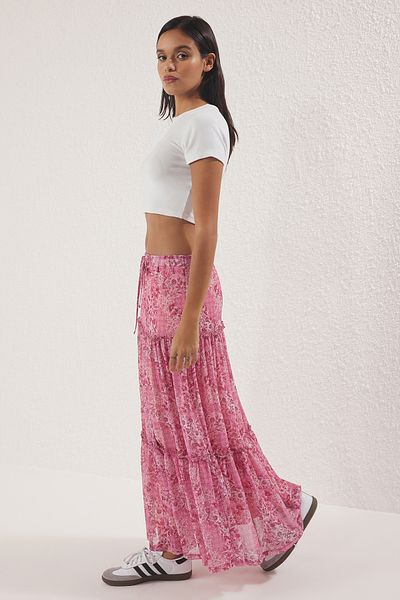 Trendyol Collection Pink Tulle Floral Printed Stretchy Skirt with Shirring/Drape Detail Twoss25Et00064
