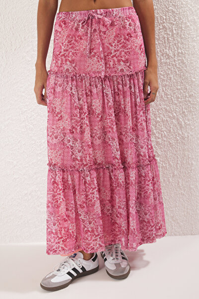 Trendyol Collection Rózsaszín tüll virágmintás, rugalmas szoknya húzózsinórral/drapellével TWOSS25ET00064