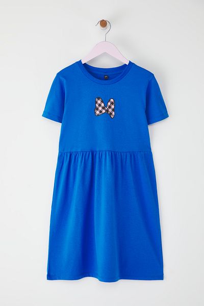 TRENDYOLKIDS Indigó női gyermek 100% pamut szalag nyomott rövid ujjú mini kötött ruha TKDSS25EL00086