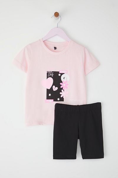 TRENDYOLKIDS Rózsaszín női gyermek 100% pamut szlogen nyomtatott rövid ujjú mini kötött alsó-felső szett TKDSS25AU00145