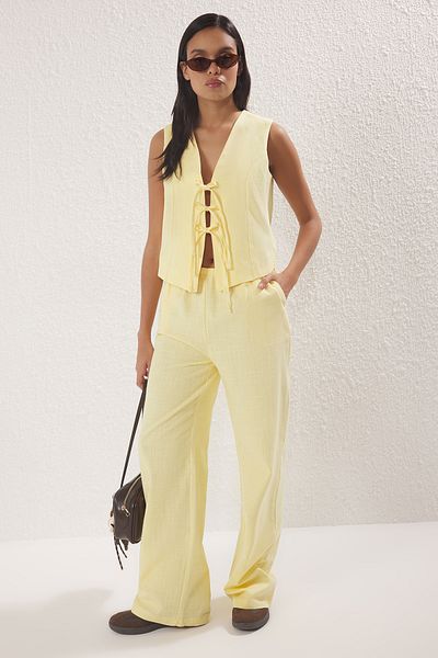 Trendyol Collection Yellow Bow Linen Look Blouse, Wide Leg Pants and Woven Under-Top Set