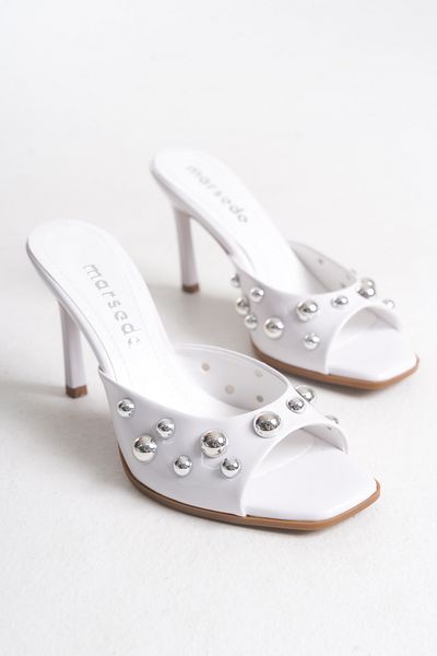 MARSEDO Emelia Women's Troped Blunt Toe Heeled Slippers White Patent Leather