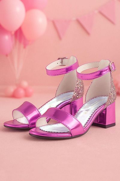 hapshoe Elsa Fuchsia Patent Leather Glittered Thick Heeled Girl's Evening Dress Shoes