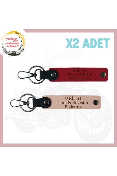 miawiki Motorcyclist Special for Loved Ones, Leather 2-Key Chain with Name Plate and 0 Rh (+) Written, Yavruağzı-Red