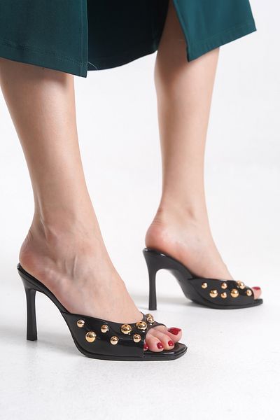 MARSEDO Emelia Women's Troped Blunt Toe Heeled Slippers Black Patent Leather