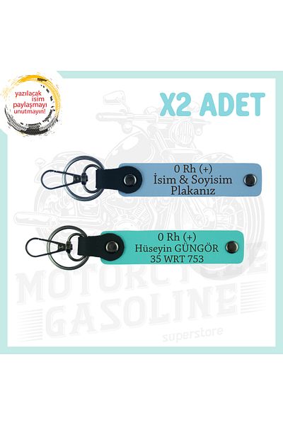 miawiki Name Plate and 0 + Blood Type Written, 2-Piece Keychain Set, Sky Blue-Turquoise, Special for Motorcycle Lovers