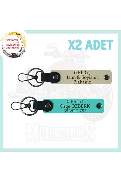Miaju Milky Coffee-Turquoise, Special for Motorcycle Lovers, 2-Piece Keychain with Name Plate and 0 + Blood Type Lettering